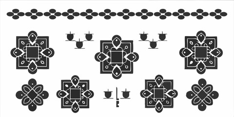 Illustration of traditional kolam designs with geometric shapes and diya lamps arrangement pattern