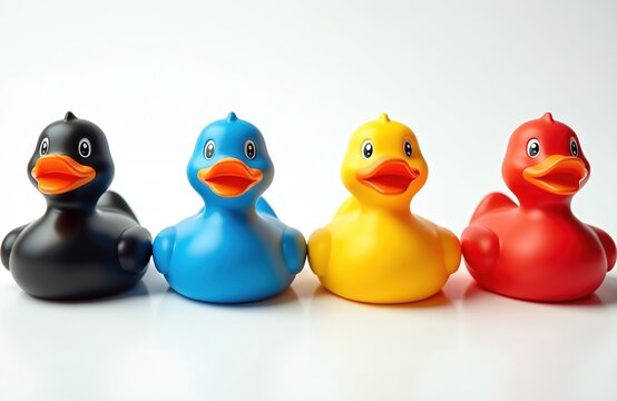 Vibrant image of colorful rubber ducks. Black, blue, yellow, red toy ducks aligned. Playful childhood memories, bath time joys. Fun design element, cheerful, playful moment. Aquatic theme toy ducks