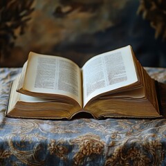 Fototapeta premium Open Book in Time: An open antique book rests gracefully, its aged pages bearing testament to stories untold, inviting a moment of introspection and historical reflection. 