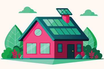 Pink House with Solar Panels, Green Foliage, and Whimsical Clouds Illustration