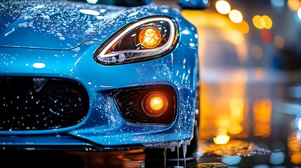 Blue sports car car wash night.