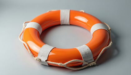 Orange life preserver on plain background. Safety equipment with white stripes and rope for rescue and protection during water activities. Concept of safety, survival on sea, ocean, summer vacation.