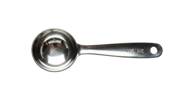 Shiny Stainless Steel Measuring Spoon with Etched Markings and Hole.