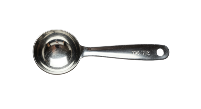 Shiny Stainless Steel Measuring Spoon with Etched Markings and Hole.
