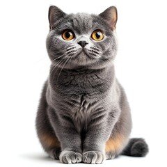 Gray British Shorthair Cat with Orange Eyes on white background. Generative AI