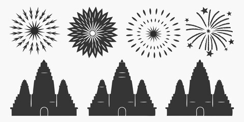 Three temples under fireworks display in black and white silhouette vector illustration design style