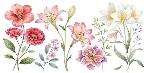 Set of beautiful flower, Watercolor collection of hand drawn flowers, Botanical plant illustration