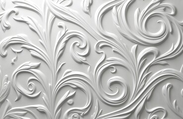 White floral wallpaper with decorative seamless pattern. Embossed texture, classical elegant design. White wall background. Floral ornament for interior decor, design projects.