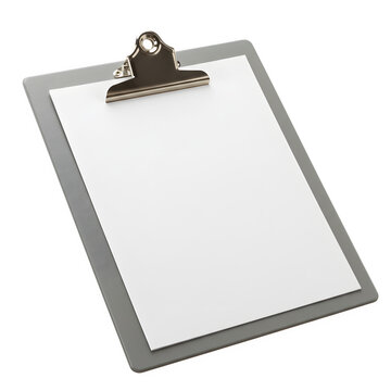 A clipboard with a white paper on it, isolated on white or transparent background. PNG