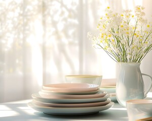 Pastel Dining Table with Flower Vase and Stacked Plates in Soft Morning Light for Elegant Home Decor Concepts