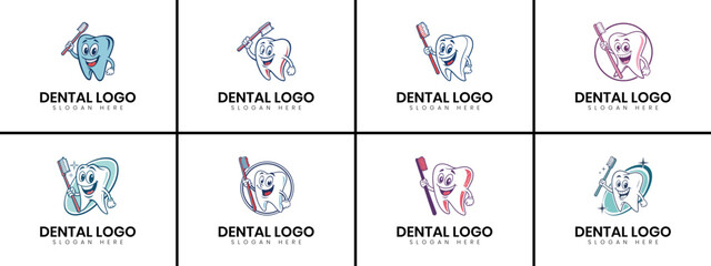Cute Dental Logos with Tooth and Brush for Pediatric Dentistry. A set of six cartoon dental logos featuring a smiling tooth character holding a toothbrush.