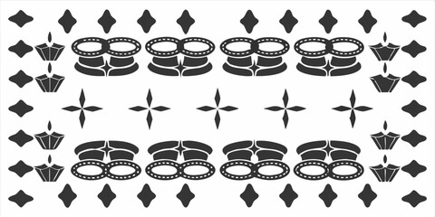 Monochrome pattern featuring geometric shapes, lamps, and ring like elements arranged symmetrically