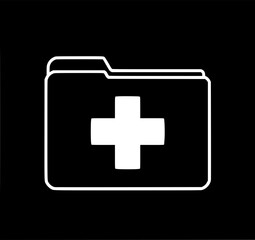 Obraz premium Medical File Icon: A minimalist line art illustration depicts a folder icon with a prominent plus symbol, representing medical records or healthcare data.