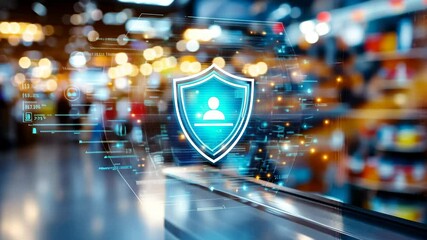 Digital Security in Shopping: A digital shield emblazoned with a human icon illuminates a modern shopping environment, representing the crucial role of secure transactions. - Powered by Adobe