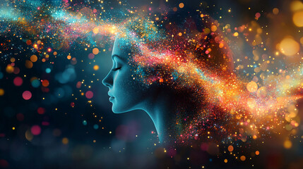 Envisioning cosmic dreams A woman in serene meditation adorned with a galaxy of light and color emanating with smooth