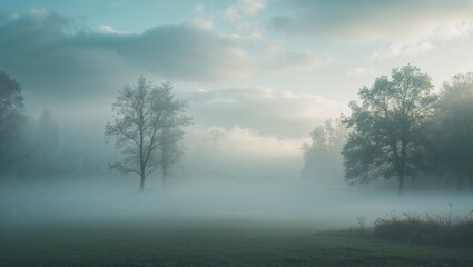 Naklejka premium Atmospheric landscape of a misty morning forest with trees and overcast skies in teal tones