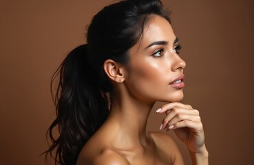 Young, beautiful Latin ethnic woman poses in profile. Sensual girl touches chin, looks upwards against brown background. Elegant model with fresh makeup, skincare, long dark hair. Aesthetic profile