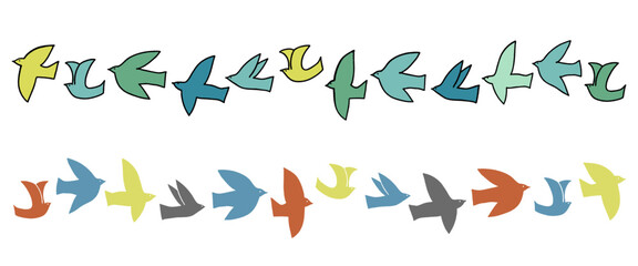 カラフルな鳥のシルエットセット ベクター素材｜飛行ポーズの鳥,シンプル,デザイン向け,多彩な色のグラフィック｜鳥,色,ベクター