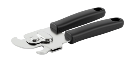 Sleek Stainless Steel Can Opener with Ergonomic Black Handles.