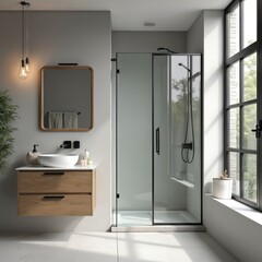 Modern bathroom interior design with glass shower, sink, window. Stylish, elegant minimalist design with natural light. Clean, sleek, spacious, comfortable, home renovation, spa, relaxation theme.