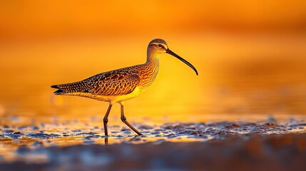Elegant curlew bird walks on shallow waters during golden hour, serene and tranquil