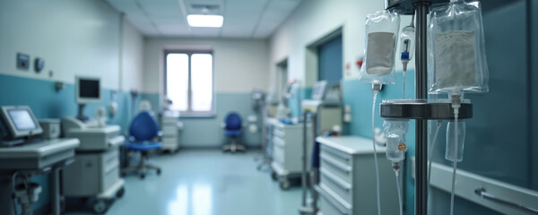 Modern clinic room equipped with variety of pain relief devices. Healthcare facility provides comprehensive pain management services. Sterile medical environment with drip, IV, syringe. Hospital