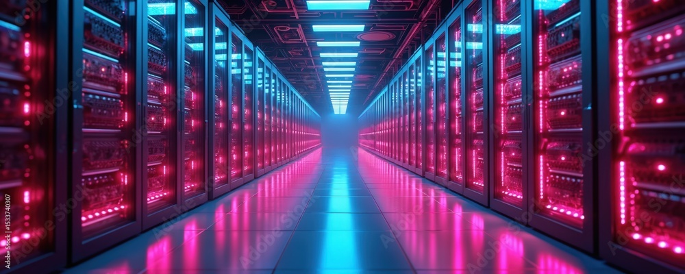 Poster modern data center infrastructure with server racks. cyber security, cloud computing and data storag