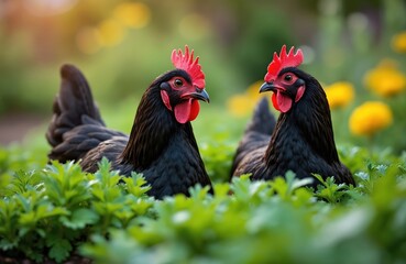 Two black Australorp hens sit in vegetable garden surrounded by carrot leaves. Birds with red combs. Farming, agriculture, poultry concept. Black feather hen, farm animals, natural eco background.