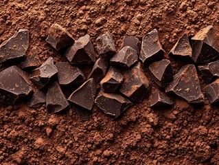 Broken dark chocolate pieces on cocoa powder