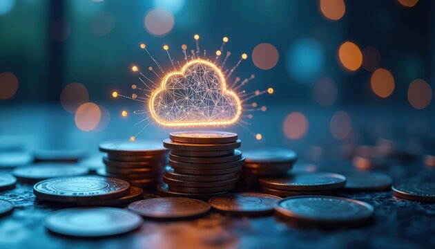 Cloud computing concept with coins under digital cloud, connected dots. Money savings, cost efficiency, optimization, budget automation. Financial management, investment, infrastructure. Modern tech