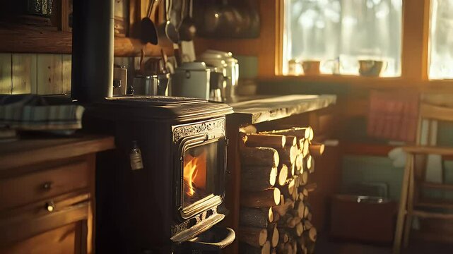 Wood-burning stove in a rustic kitchen