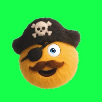 Fuzzy pirate emoji character animation, transparent 4K video, green screen