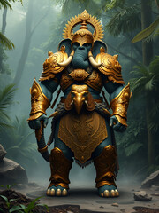 Majestic Elephant Warrior: A Hyper-Realistic Depiction of a Powerful Mythological Figure in Intricate Golden Armor, Standing Commandingly in a Mystical Jungle, Embodying Strength, Nobility,