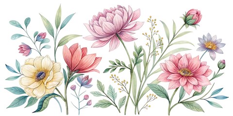 Set of beautiful flower, Watercolor collection of hand drawn flowers, Botanical plant illustration