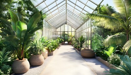 Greenhouse interior with diverse tropical plants.