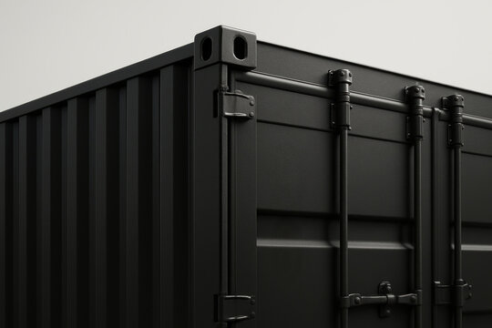Matte black industrial shipping container exterior detail with strong corner structure and vertical ribbed steel panels