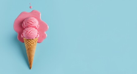 Pink ice cream cone melting on light blue background with two scoops and a small drop of melted ice cream
