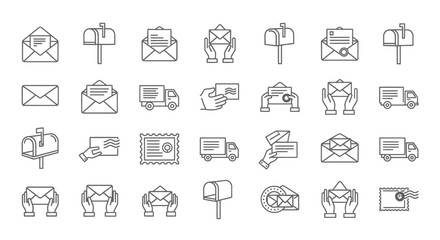 Collection of Postal Service Icons Depicting Mailboxes and Envelopes