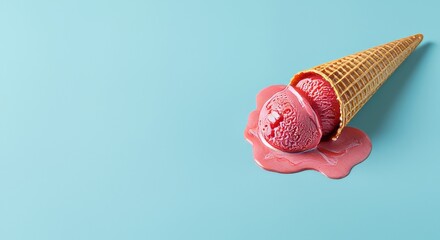 Pink ice cream cone melting on a light blue surface creating a sweet and colorful summer scene