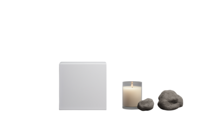 White Cube Display with Candle and Stones Minimalist Product Presentation Isolated on transparent background