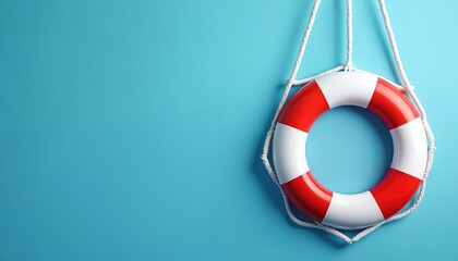 Red, white lifebuoy hangs against blue background. Safe water rescue symbol, maritime safety concept. Nautical equipment, summer vacation, sea travel theme, safety, tourism, vacation at ocean beach.