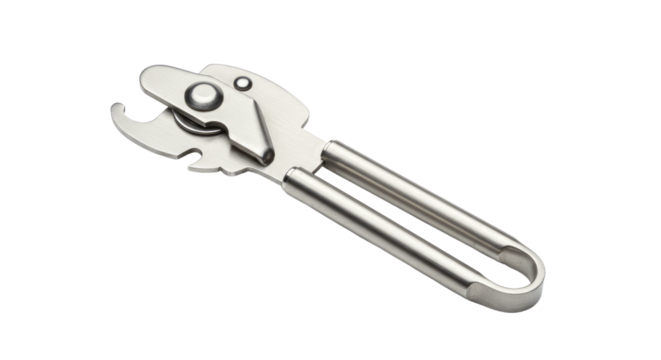 Stainless steel can opener with bottle opener and ergonomic handle design.