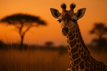 Obraz premium Curious giraffe standing in tall grass at sunset with vibrant orange sky and acacia trees in an african savanna