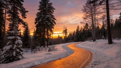 Winding Orange Path Through Snowy Forest at Sunset.