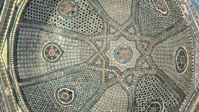 Breathtaking interior ceiling structure of the Shadi Mulk Aga Mausoleum, part of the world‑famous Shah‑i‑Zinda necropolis, showcasing intricate Islamic artistry and timeless architectural heritage.