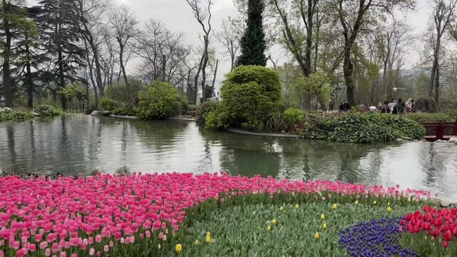 A vibrant display of blooming tulips and spring flowers borders a calm pond inside Istanbul&rsquo;s Emirgan Park.