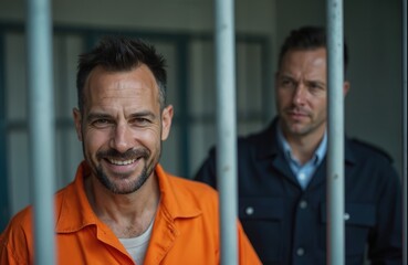 Prisoner in orange jumpsuit smiles, poses behind bars. Man in guard uniform stands near. Concept of justice, crime, punishment, incarceration, rehabilitation, law. Jail, prison, detention. Prison