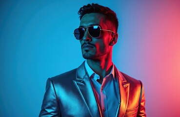Fototapeta premium Man in silver futuristic suit with sunglasses against neon blue, red background. Portrait with bold, trendy, modern aesthetic, futuristic design. Perfect for tech, fashion, cyberpunk, style. Ideal