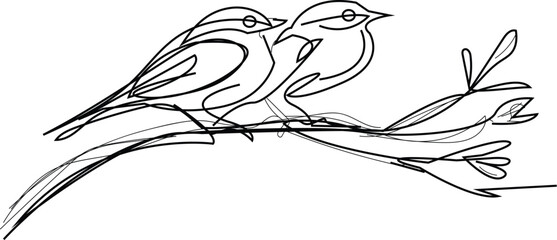  continuous single line hand drawing  of a two birds perched closely on a branch, illustration on white background 