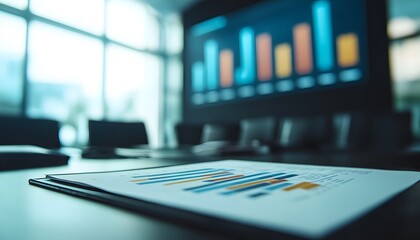 Documents with charts displayed on a conference room table.